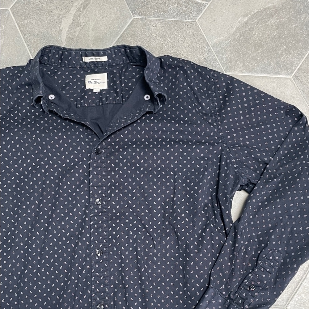 Ben Sherman Stretch Fit Button-Down Shirt – Navy Teardrop Print | Men’s XL